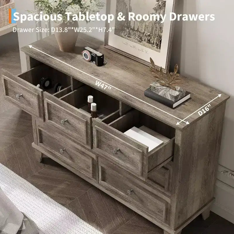 Commode 7 Tiroirs Acekool, Commode en Bois Moderne, Organisateur de Rangement Profond avec Poignées Vintage, Meuble TV pour Chambre et Salon
