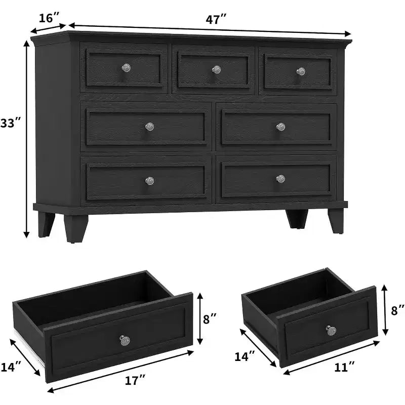 Commode 7 Tiroirs Acekool, Commode en Bois Moderne, Organisateur de Rangement Profond avec Poignées Vintage, Meuble TV pour Chambre et Salon