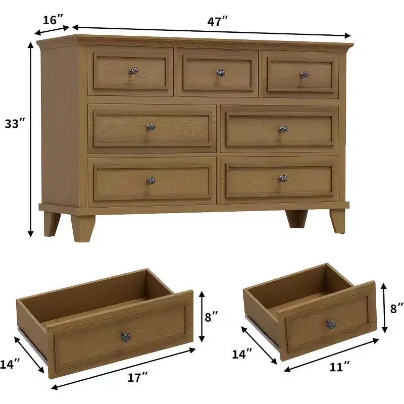 Commode 7 Tiroirs Acekool, Commode en Bois Moderne, Organisateur de Rangement Profond avec Poignées Vintage, Meuble TV pour Chambre et Salon
