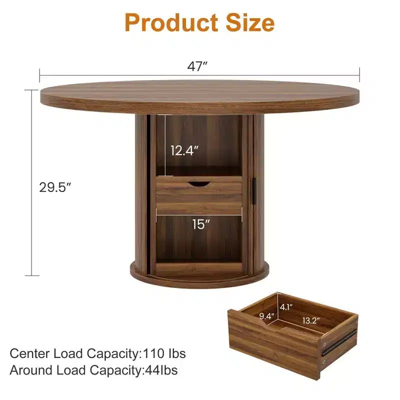 Table à manger ronde de 47 pouces pour 4 personnes, table de cuisine avec étagère de rangement à 2 niveaux et tiroir, table de ferme ronde (table seule)