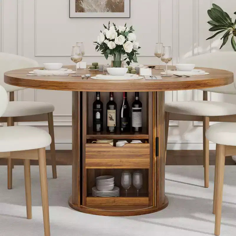 Table à manger ronde de 47 pouces pour 4 personnes, table de cuisine avec étagère de rangement à 2 niveaux et tiroir, table de ferme ronde (table seule)