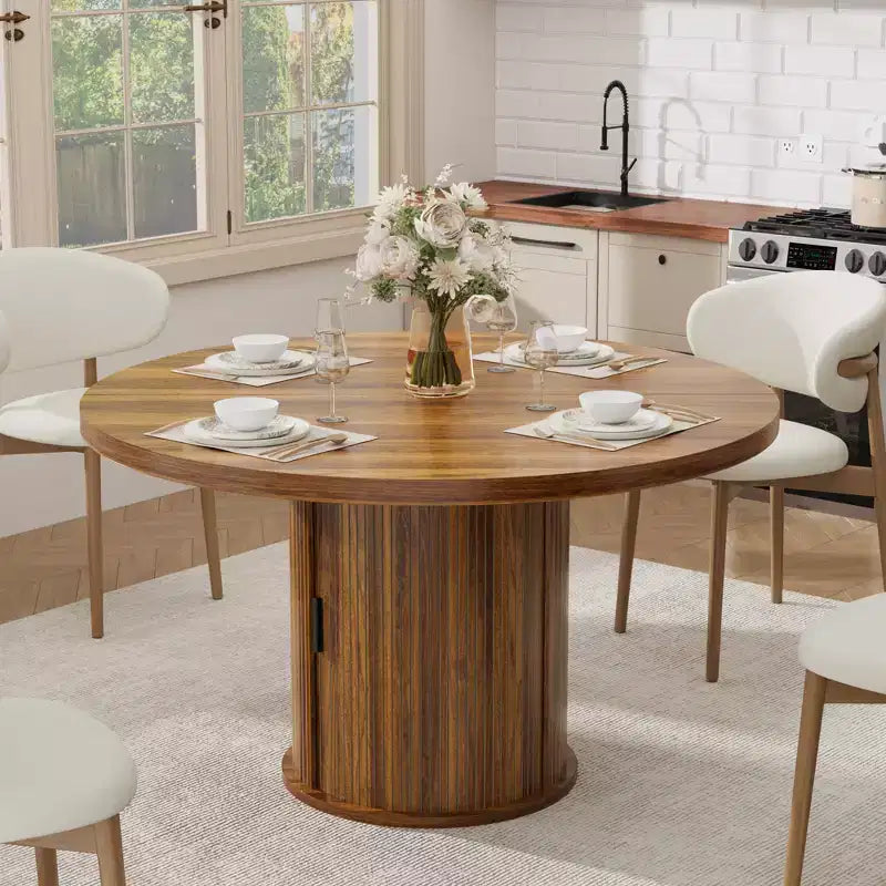 Table à manger ronde de 47 pouces pour 4 personnes, table de cuisine avec étagère de rangement à 2 niveaux et tiroir, table de ferme ronde (table seule)