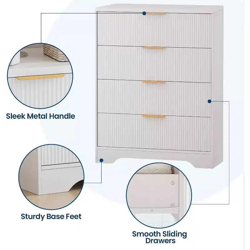 Commode Acekool à 4 tiroirs cannelés, commode moderne avec panneau ondulé, meuble de rangement haut pour chambre à coucher, chambre d'enfant, salon, entrée.