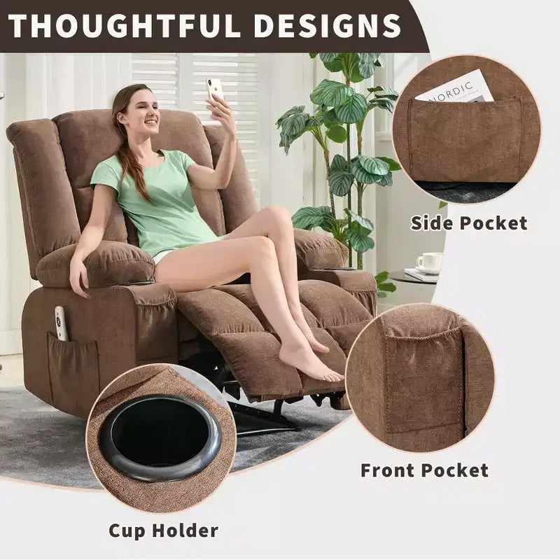 Fauteuil inclinable de massage avec vibrations et chaleur lombaire pour adultes, large, ergonomique, siège simple avec 3 positions, 2 poches latérales et porte-gobelets
