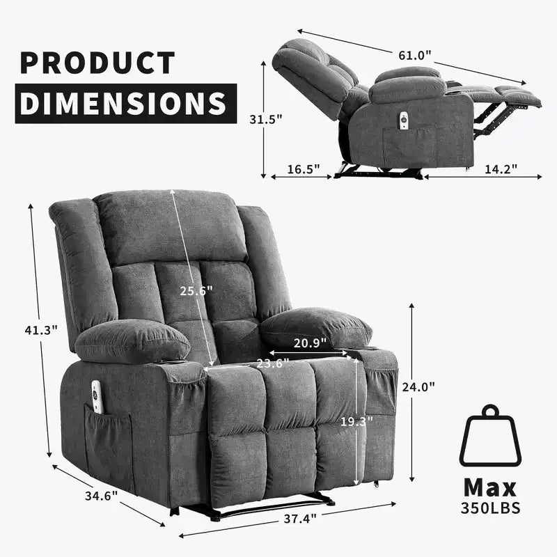 Fauteuil inclinable de massage avec vibrations et chaleur lombaire pour adultes, large, ergonomique, siège simple avec 3 positions, 2 poches latérales et porte-gobelets