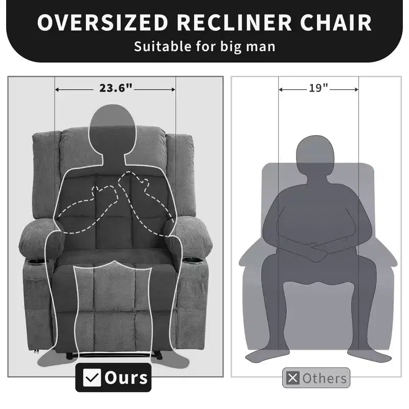 Fauteuil inclinable de massage avec vibrations et chaleur lombaire pour adultes, large, ergonomique, siège simple avec 3 positions, 2 poches latérales et porte-gobelets