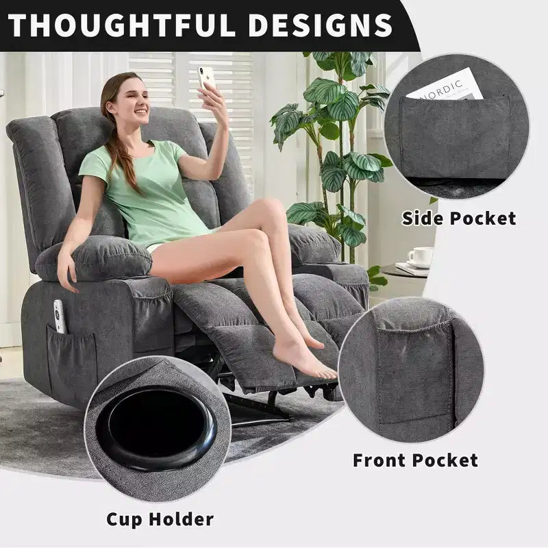 Fauteuil inclinable de massage avec vibrations et chaleur lombaire pour adultes, large, ergonomique, siège simple avec 3 positions, 2 poches latérales et porte-gobelets