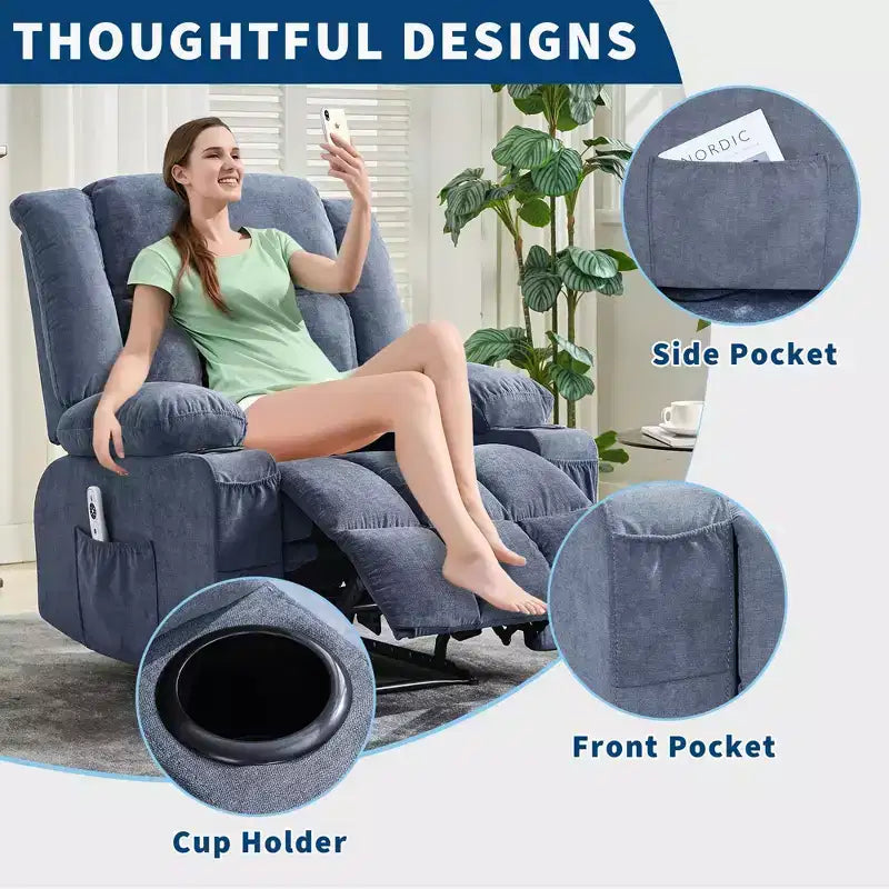 Fauteuil inclinable de massage avec vibrations et chaleur lombaire pour adultes, large, ergonomique, siège simple avec 3 positions, 2 poches latérales et porte-gobelets