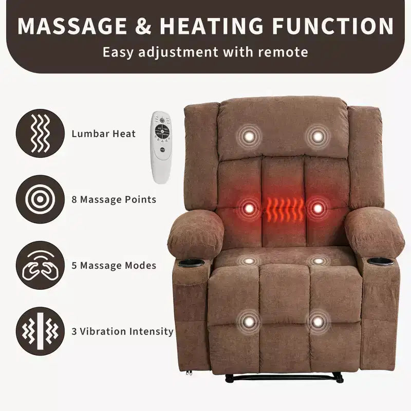 Fauteuil inclinable de massage avec vibrations et chaleur lombaire pour adultes, large, ergonomique, siège simple avec 3 positions, 2 poches latérales et porte-gobelets