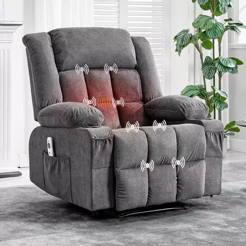 Fauteuil inclinable de massage avec vibrations et chaleur lombaire pour adultes, large, ergonomique, siège simple avec 3 positions, 2 poches latérales et porte-gobelets