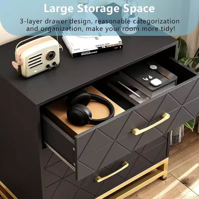 Commode en bois à 3 tiroirs Acekool, commode de rangement moderne avec poignées métalliques, organisateur de rangement pour chambre et salon