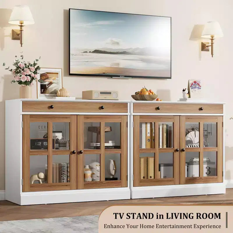 Buffet Bahut de 35,4 po avec porte vitrée, Buffet avec rangement, Bahut blanc et marron avec tiroir, Buffets et bahut modernes