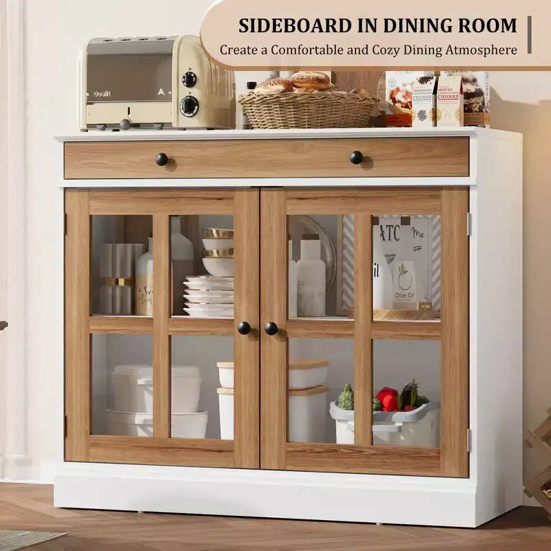 Buffet Bahut de 35,4 po avec porte vitrée, Buffet avec rangement, Bahut blanc et marron avec tiroir, Buffets et bahut modernes