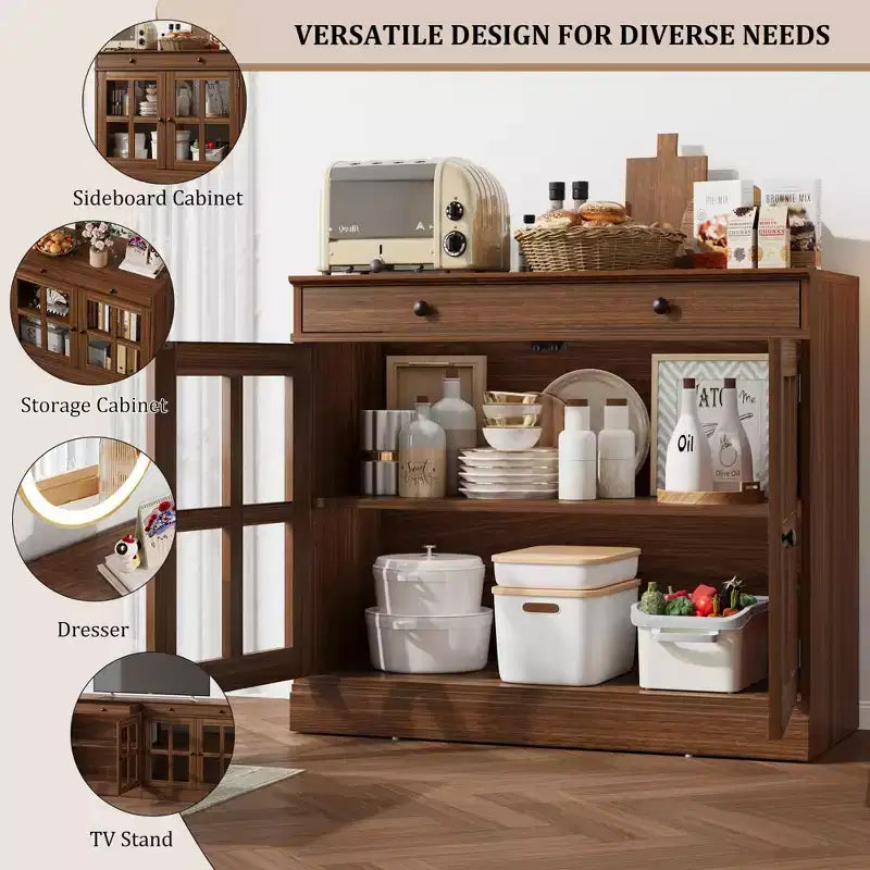 Buffet Bahut de 35,4 po avec porte vitrée, Buffet avec rangement, Bahut blanc et marron avec tiroir, Buffets et bahut modernes