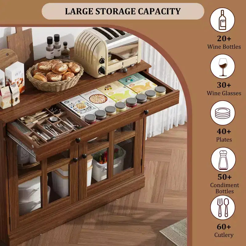 Buffet Bahut de 35,4 po avec porte vitrée, Buffet avec rangement, Bahut blanc et marron avec tiroir, Buffets et bahut modernes