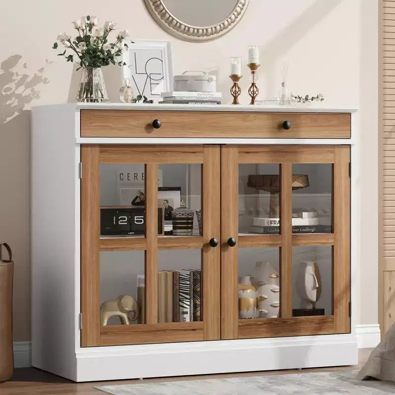 Buffet Bahut de 35,4 po avec porte vitrée, Buffet avec rangement, Bahut blanc et marron avec tiroir, Buffets et bahut modernes