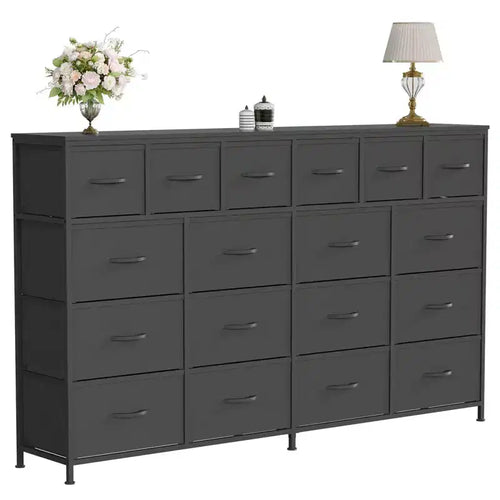 63''W Dresser with 18 Fabric Drawers Dresser for Bedroom with Charging Station, Lager Sturdy Bedroom Dressers, Steel Frame, 63 W*39 H*11.8 D