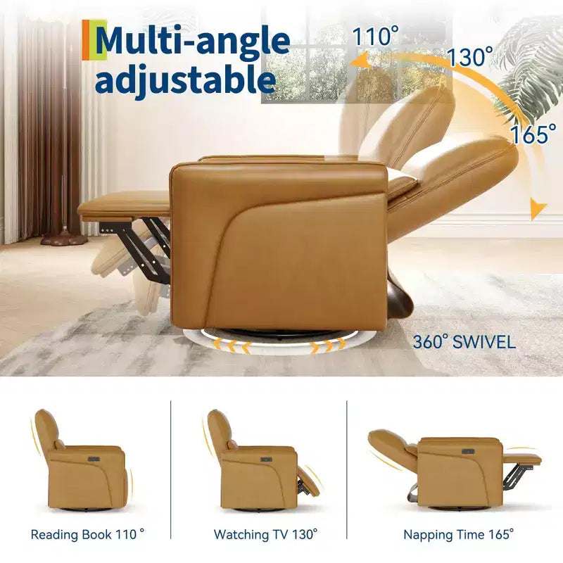 Fauteuil Inclinable Électrique avec Rotation à 360° et Recharge, Fauteuil à Bascule Électrique avec Support Lombaire pour Salon ou Chambre de Bébé, Marron