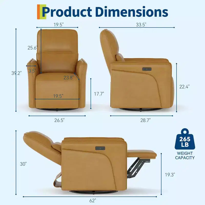 Fauteuil Inclinable Électrique avec Rotation à 360° et Recharge, Fauteuil à Bascule Électrique avec Support Lombaire pour Salon ou Chambre de Bébé, Marron
