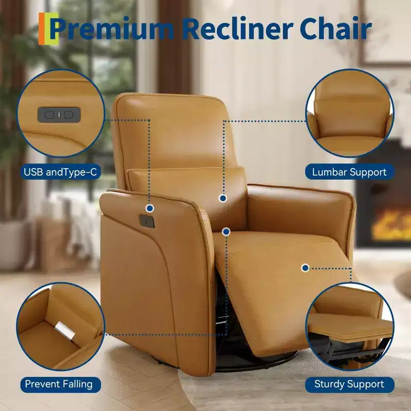Fauteuil Inclinable Électrique avec Rotation à 360° et Recharge, Fauteuil à Bascule Électrique avec Support Lombaire pour Salon ou Chambre de Bébé, Marron