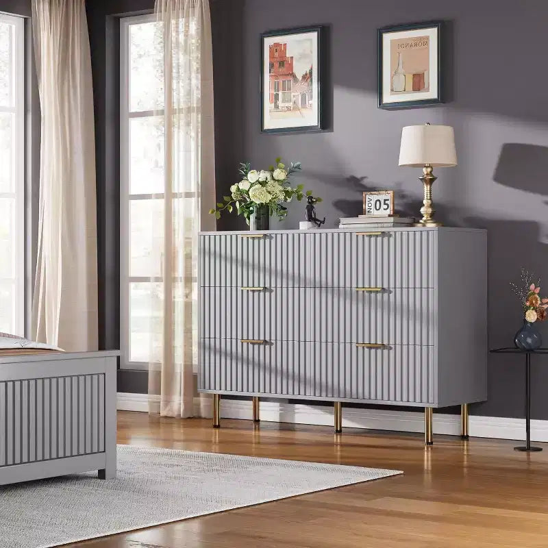Commode à 6 tiroirs Acekool, commode double cannelée moderne, meuble TV avec tiroirs profonds et pieds dorés, organisateur de rangement pour chambre ou salon