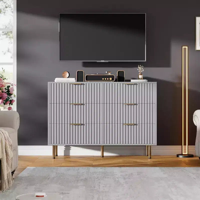 Commode à 6 tiroirs Acekool, commode double cannelée moderne, meuble TV avec tiroirs profonds et pieds dorés, organisateur de rangement pour chambre ou salon