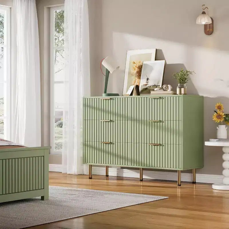 Commode à 6 tiroirs Acekool, commode double cannelée moderne, meuble TV avec tiroirs profonds et pieds dorés, organisateur de rangement pour chambre ou salon