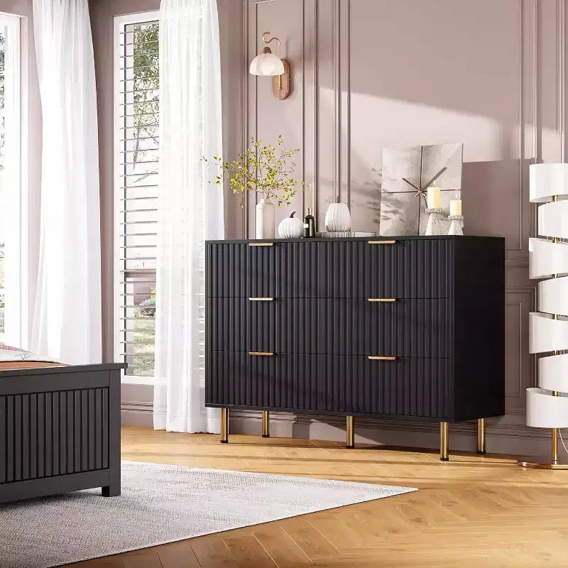 Commode à 6 tiroirs Acekool, commode double cannelée moderne, meuble TV avec tiroirs profonds et pieds dorés, organisateur de rangement pour chambre ou salon