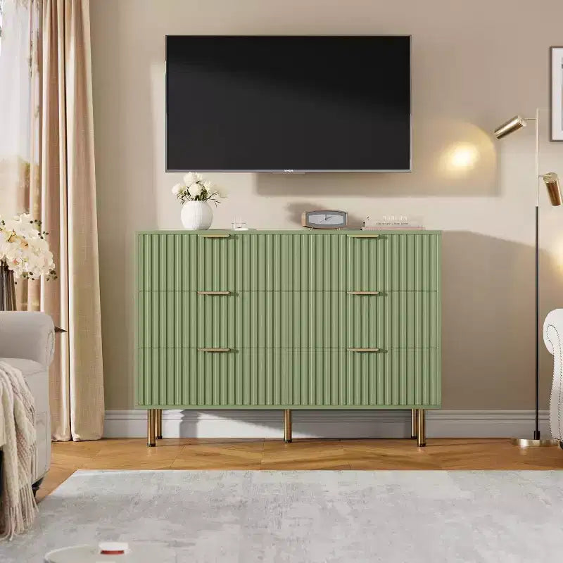 Commode à 6 tiroirs Acekool, commode double cannelée moderne, meuble TV avec tiroirs profonds et pieds dorés, organisateur de rangement pour chambre ou salon