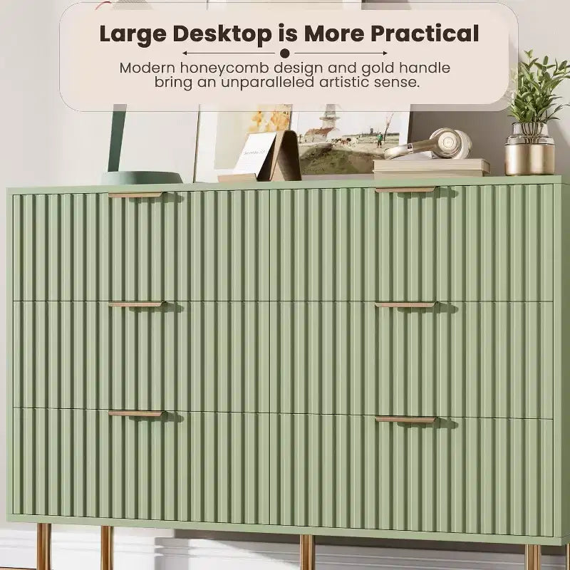 Commode à 6 tiroirs Acekool, commode double cannelée moderne, meuble TV avec tiroirs profonds et pieds dorés, organisateur de rangement pour chambre ou salon