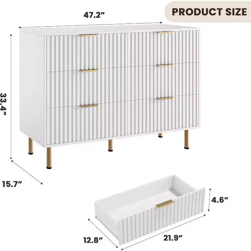 Commode à 6 tiroirs Acekool, commode double cannelée moderne, meuble TV avec tiroirs profonds et pieds dorés, organisateur de rangement pour chambre ou salon