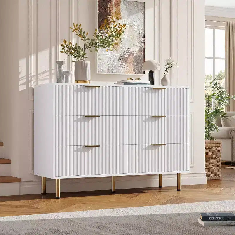 Commode à 6 tiroirs Acekool, commode double cannelée moderne, meuble TV avec tiroirs profonds et pieds dorés, organisateur de rangement pour chambre ou salon