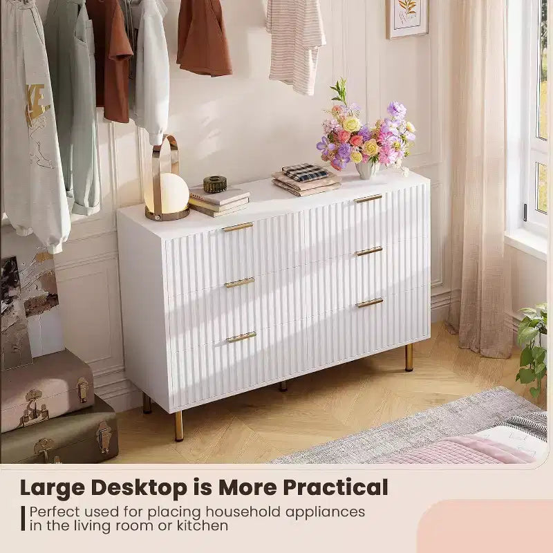 Commode à 6 tiroirs Acekool, commode double cannelée moderne, meuble TV avec tiroirs profonds et pieds dorés, organisateur de rangement pour chambre ou salon