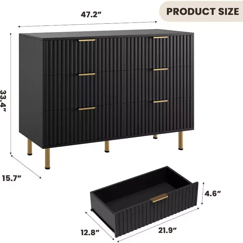 Commode à 6 tiroirs Acekool, commode double cannelée moderne, meuble TV avec tiroirs profonds et pieds dorés, organisateur de rangement pour chambre ou salon