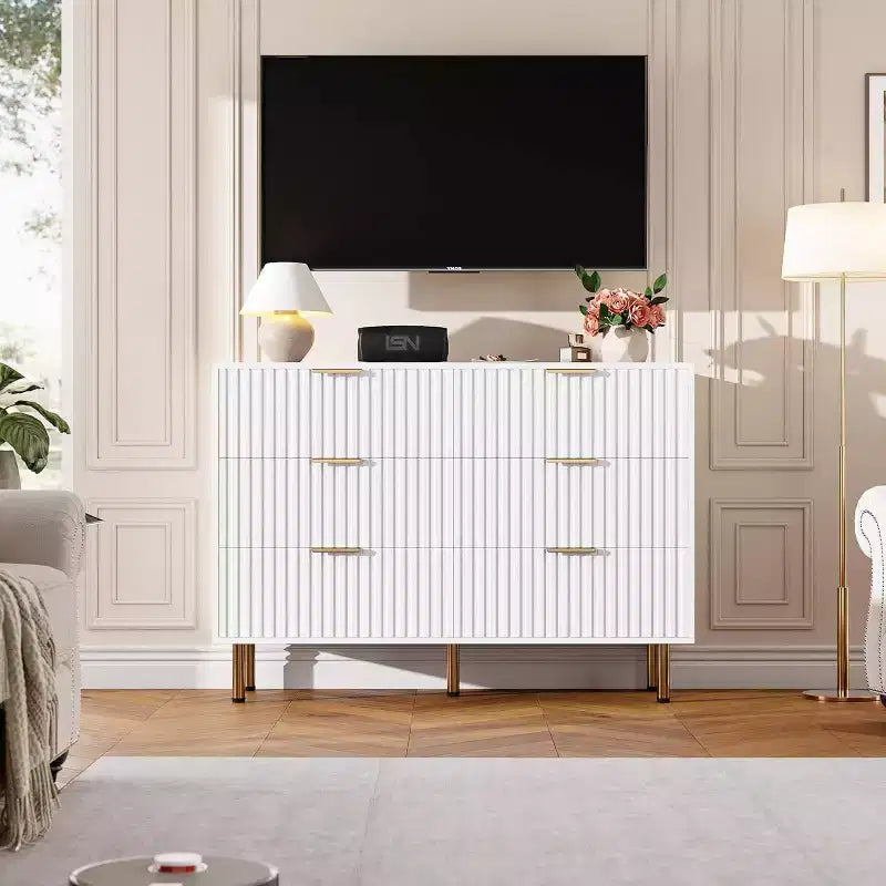 Commode à 6 tiroirs Acekool, commode double cannelée moderne, meuble TV avec tiroirs profonds et pieds dorés, organisateur de rangement pour chambre ou salon