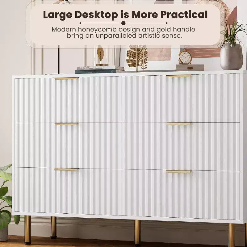 Commode à 6 tiroirs Acekool, commode double cannelée moderne, meuble TV avec tiroirs profonds et pieds dorés, organisateur de rangement pour chambre ou salon