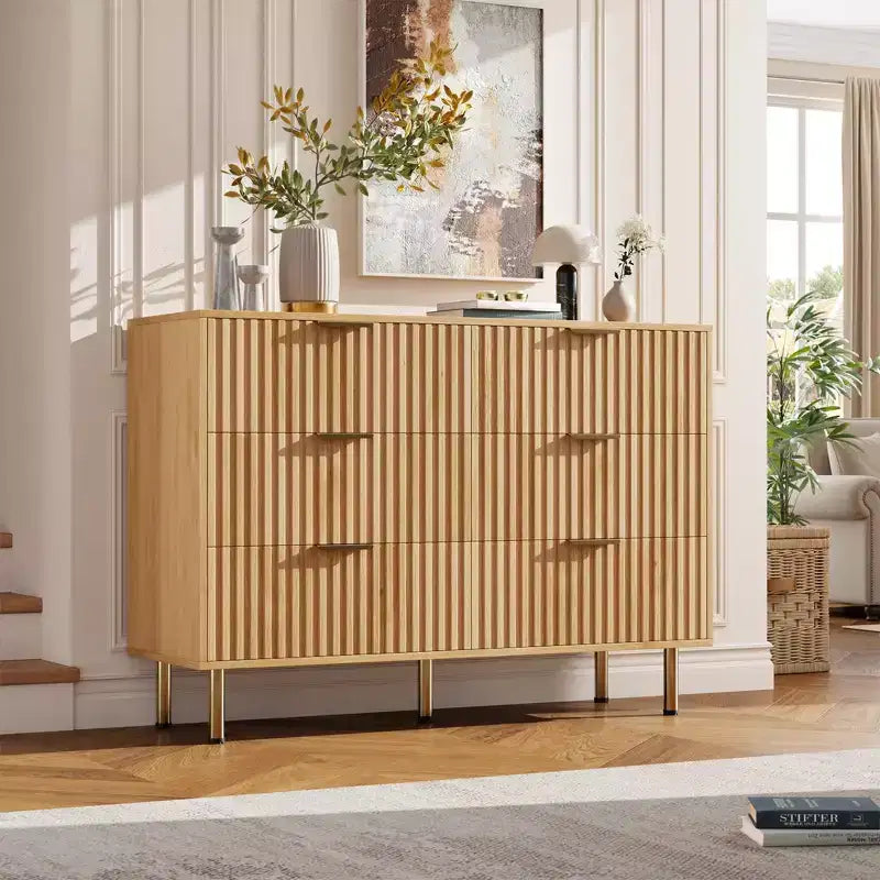 Commode à 6 tiroirs Acekool, commode double cannelée moderne, meuble TV avec tiroirs profonds et pieds dorés, organisateur de rangement pour chambre ou salon