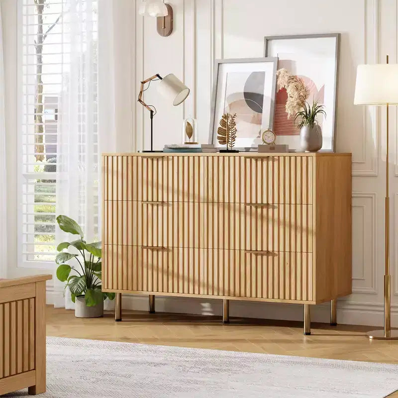 Commode à 6 tiroirs Acekool, commode double cannelée moderne, meuble TV avec tiroirs profonds et pieds dorés, organisateur de rangement pour chambre ou salon