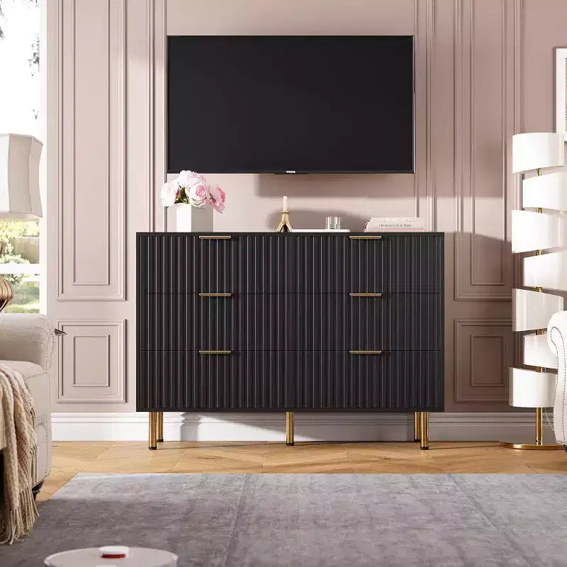 Commode à 6 tiroirs Acekool, commode double cannelée moderne, meuble TV avec tiroirs profonds et pieds dorés, organisateur de rangement pour chambre ou salon