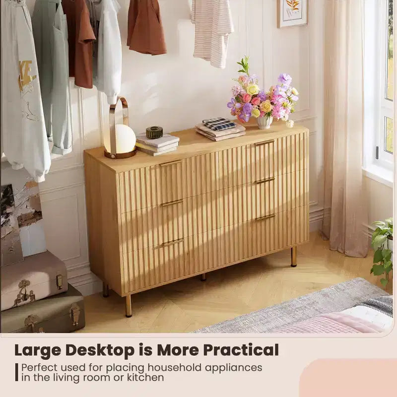 Commode à 6 tiroirs Acekool, commode double cannelée moderne, meuble TV avec tiroirs profonds et pieds dorés, organisateur de rangement pour chambre ou salon