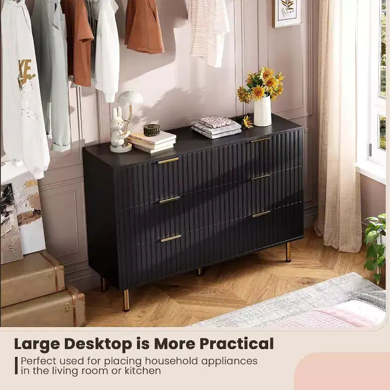 Commode à 6 tiroirs Acekool, commode double cannelée moderne, meuble TV avec tiroirs profonds et pieds dorés, organisateur de rangement pour chambre ou salon