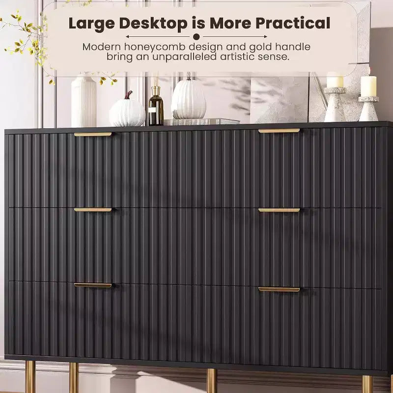 Commode à 6 tiroirs Acekool, commode double cannelée moderne, meuble TV avec tiroirs profonds et pieds dorés, organisateur de rangement pour chambre ou salon