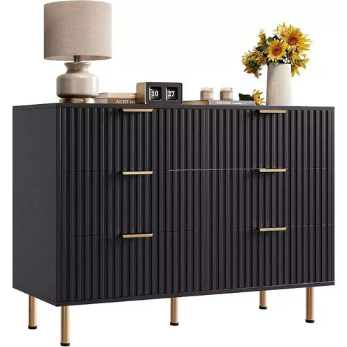 Acekool 6 Drawer Dresser, Modern Fluted Double Dresser TV Stand with Deep Drawers & Gold Legs, Storage Organizer for Bedroom or Living Room