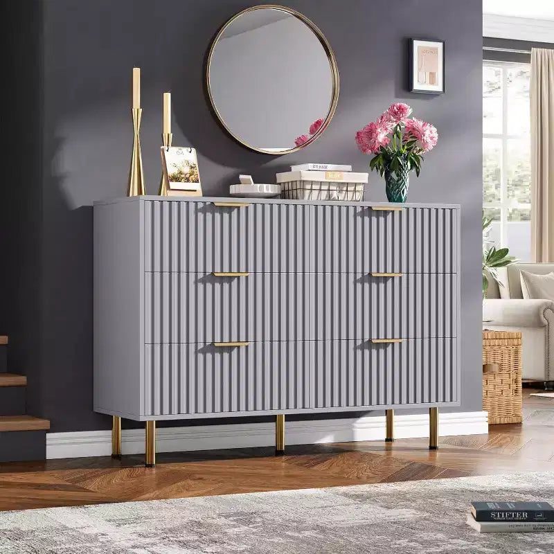 Commode à 6 tiroirs Acekool, commode double cannelée moderne, meuble TV avec tiroirs profonds et pieds dorés, organisateur de rangement pour chambre ou salon