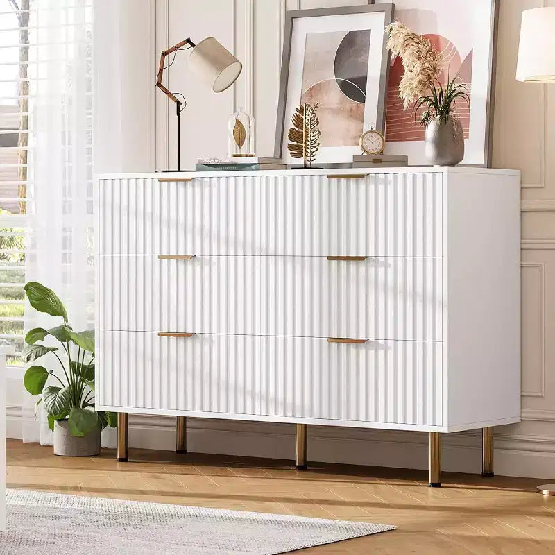 Commode à 6 tiroirs Acekool, commode double cannelée moderne, meuble TV avec tiroirs profonds et pieds dorés, organisateur de rangement pour chambre ou salon