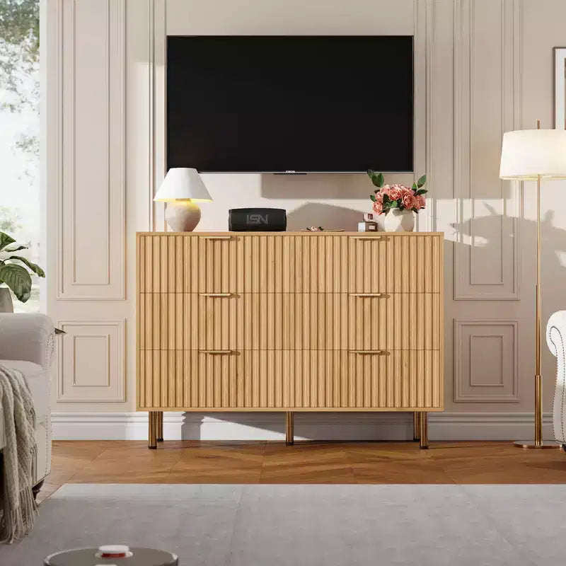 Commode à 6 tiroirs Acekool, commode double cannelée moderne, meuble TV avec tiroirs profonds et pieds dorés, organisateur de rangement pour chambre ou salon