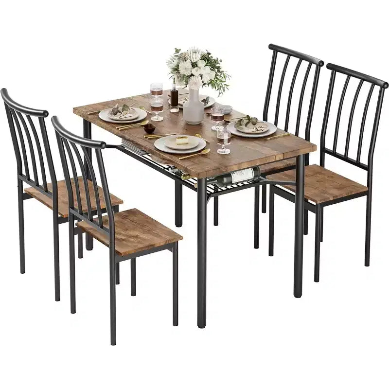 Ensemble de table à manger rustique en bois pour 4 personnes, table de cuisine et de salle à manger de style ferme de 4 pièces avec chaises, plateau de 3 cm d'épaisseur, pieds réglables