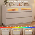 Commode moderne à 6 tiroirs avec lumières LED intégrées, 120 cm de large. Commode de rangement en bois blanc pour chambre, salon ou entrée.