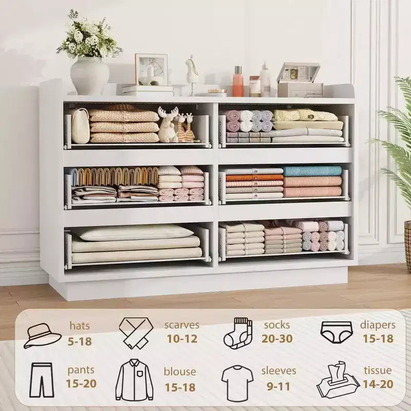 Commode moderne à 6 tiroirs avec lumières LED intégrées, 120 cm de large. Commode de rangement en bois blanc pour chambre, salon ou entrée.