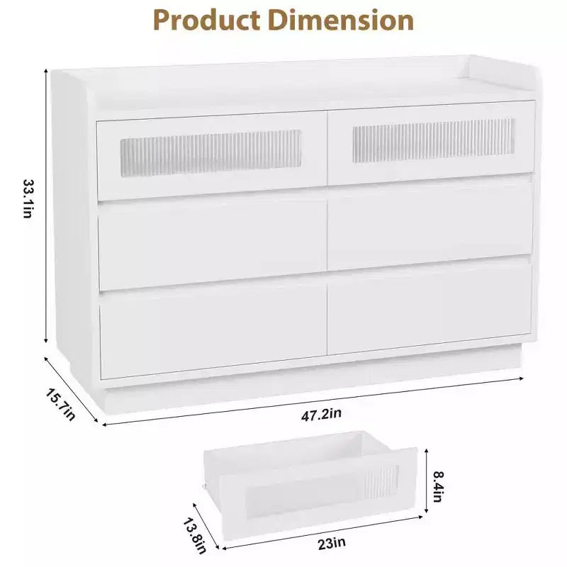 Commode moderne à 6 tiroirs avec lumières LED intégrées, 120 cm de large. Commode de rangement en bois blanc pour chambre, salon ou entrée.